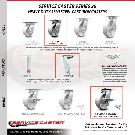 Service Caster 5 Inch Semi Steel Caster Set with Ball Bearing 4 Swivel Lock and 2 Brake SCC SCC-35S520-SSB-SLB-BSL-2-BSL-2